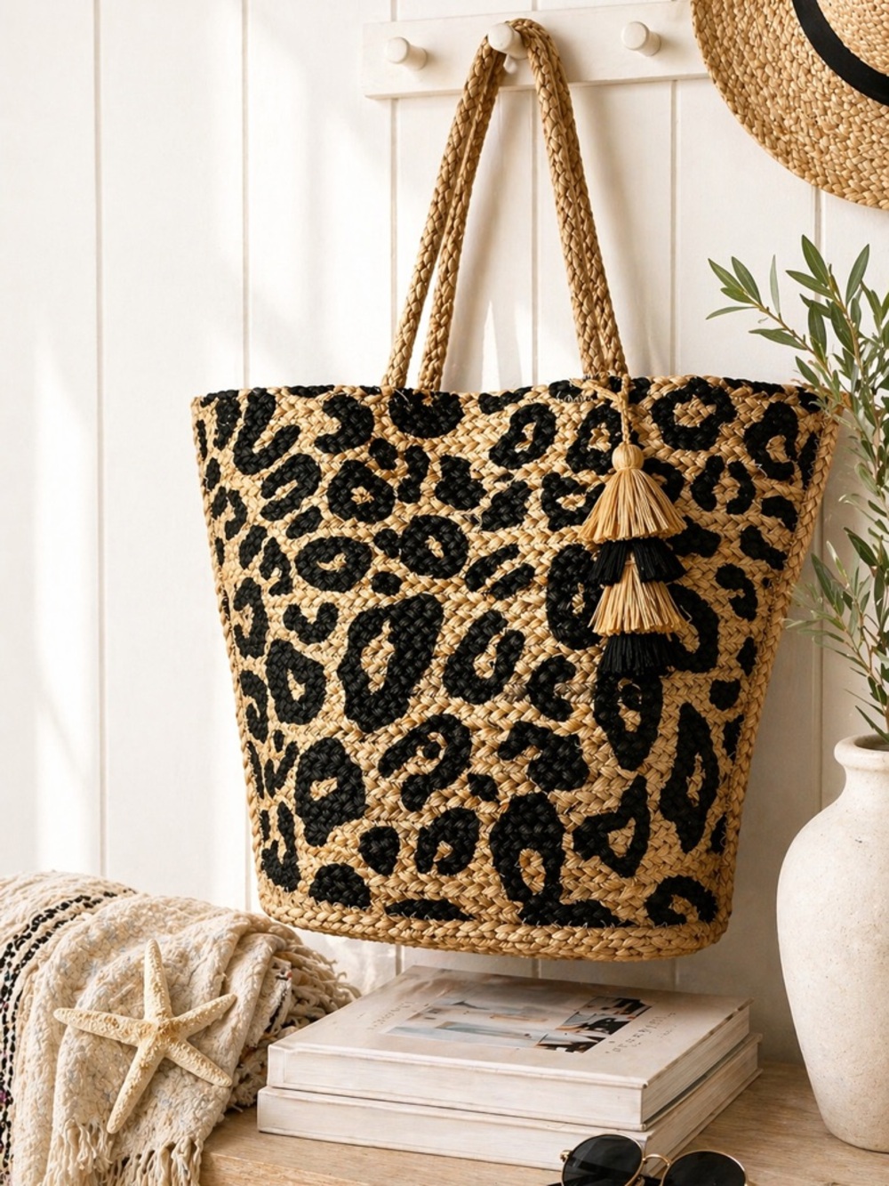 Magid Leopard Print Straw Tote in Natural and Black